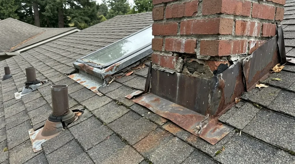 Damaged flashing on roof