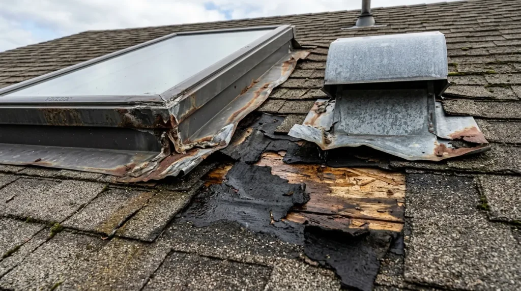 Damaged metal flashing around roof