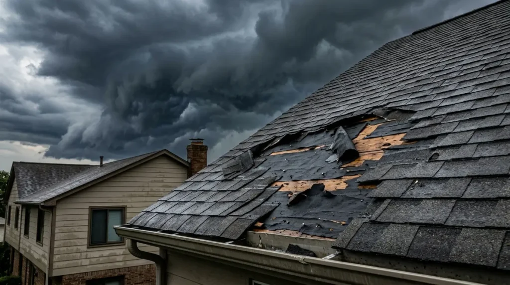 Damaged roof missing shingles