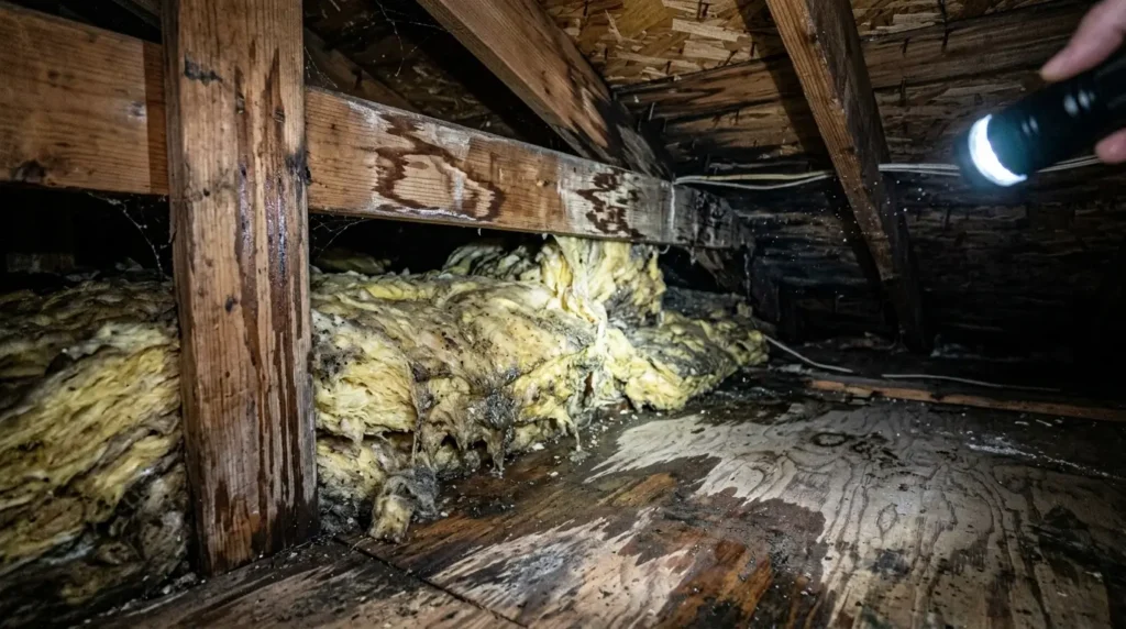 Damp insulation in dark attic
