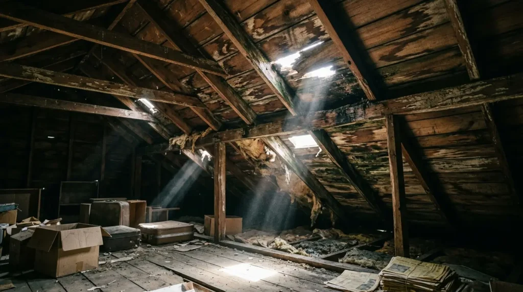 Dark attic interior daylight shafts