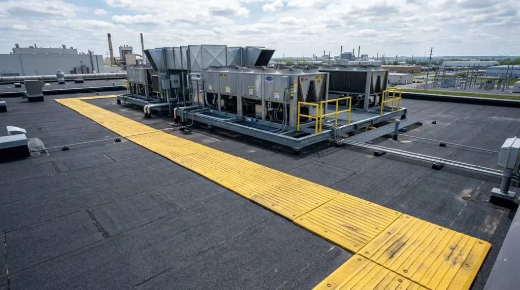 Modified bitumen roofing system with heavy-duty yellow walkway pads