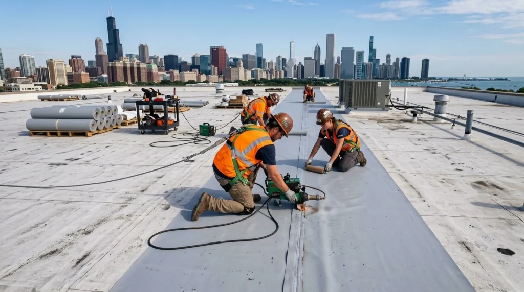Roof contractors repairing flat roof