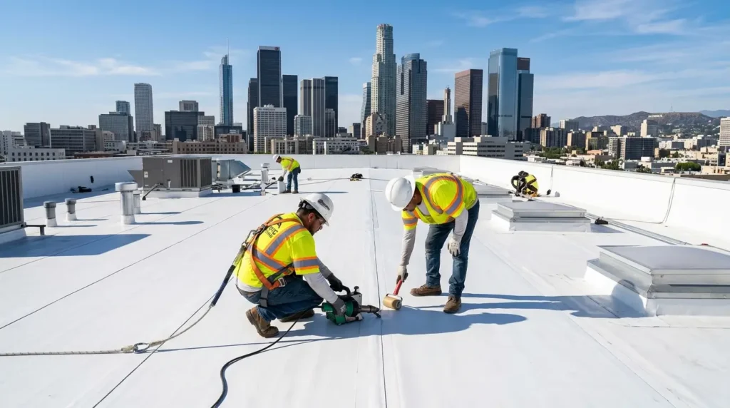 Roofers installing TPO membrane
