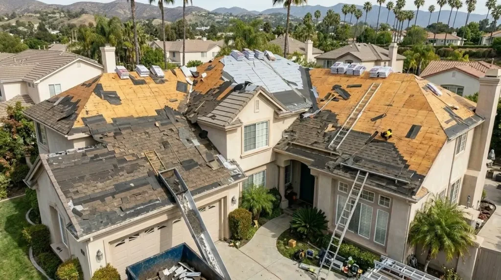 Roofing crew replacing roof