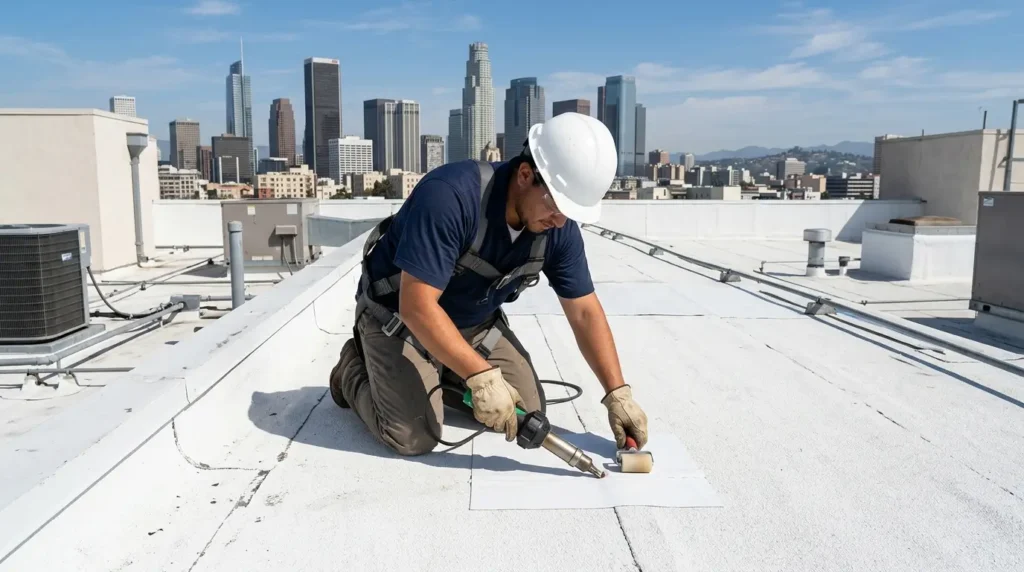 TPO roofing repair in progress in Los Angeles