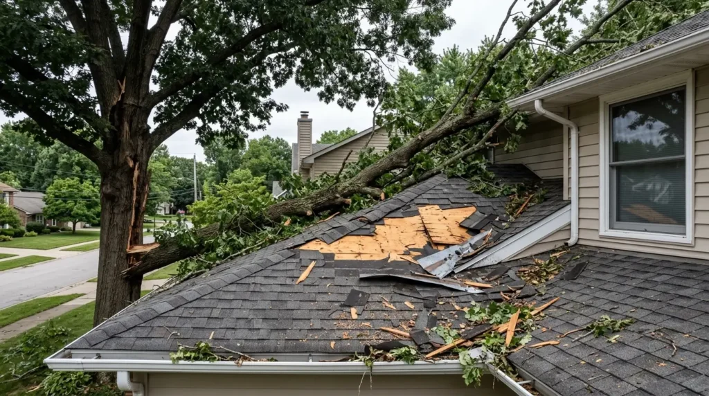 Tree limb fallen on roof