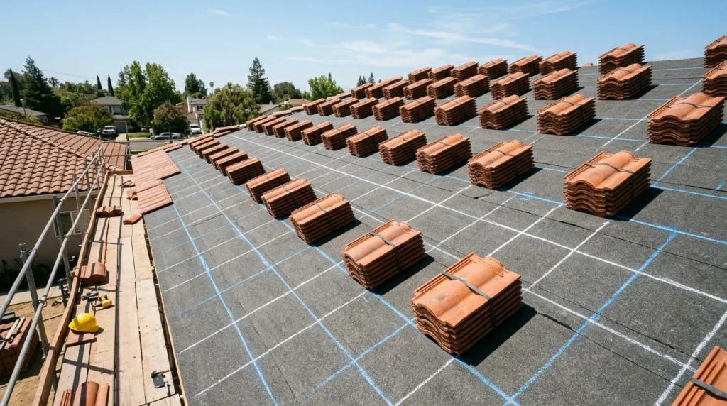Vertical and horizontal chalk lines are visible on the dark underlayment, with stacks of terracotta tiles perfectly aligned and ready for installation.