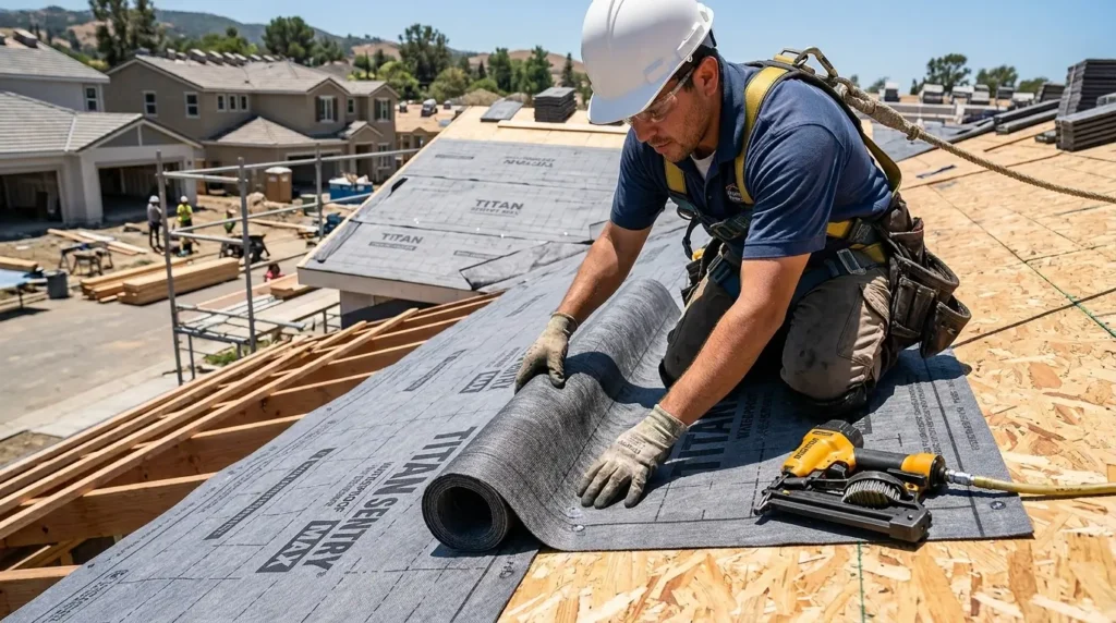 Roofers installing roof underlayment