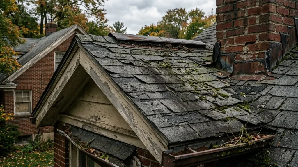 Worn roof shingles showing age