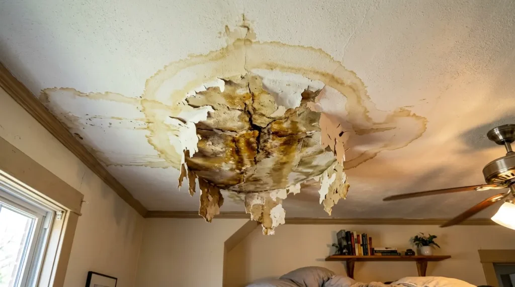 ceiling with large, yellowish-brown water stains and peeling paint