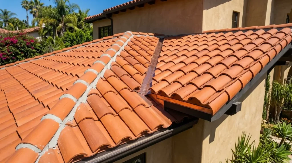 newly installed Mediterranean clay tile roof on a residence in Los Angeles, California