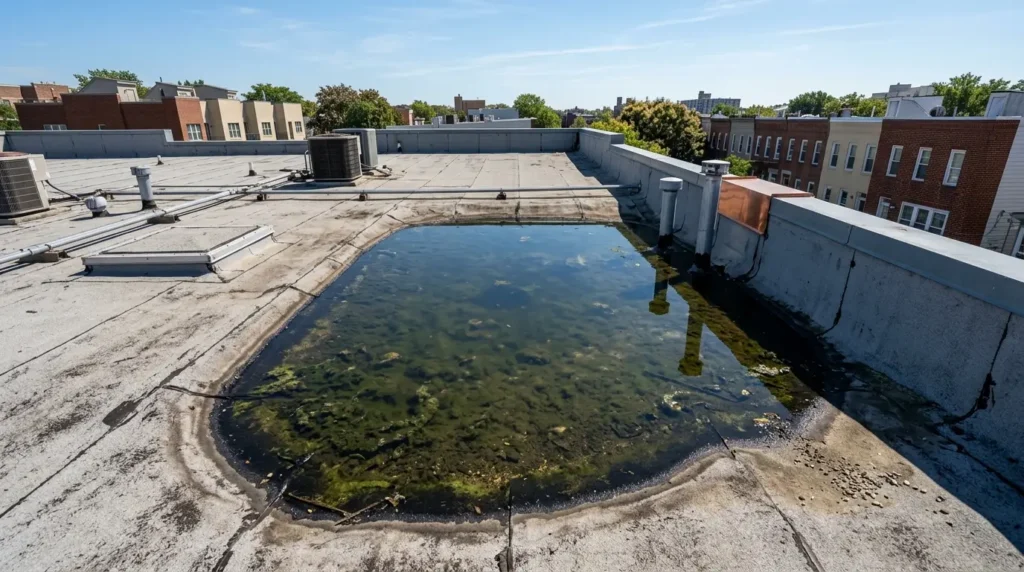 ponding water sitting in a deep dip on a flat residential roof