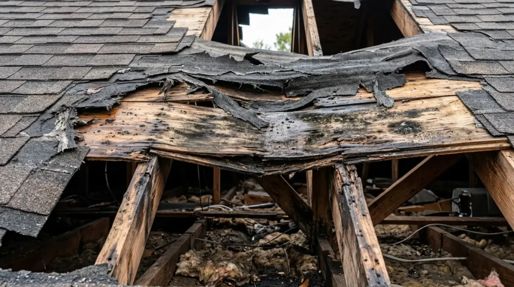 showing a cross-section of a damaged roof structure. A layer of brittle, torn underlayment sits atop sagging and water-damaged wooden roof decking boards.