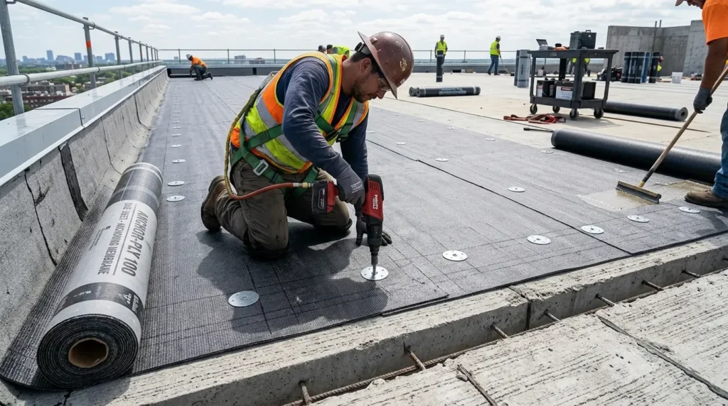 Base sheet anchored to deck
