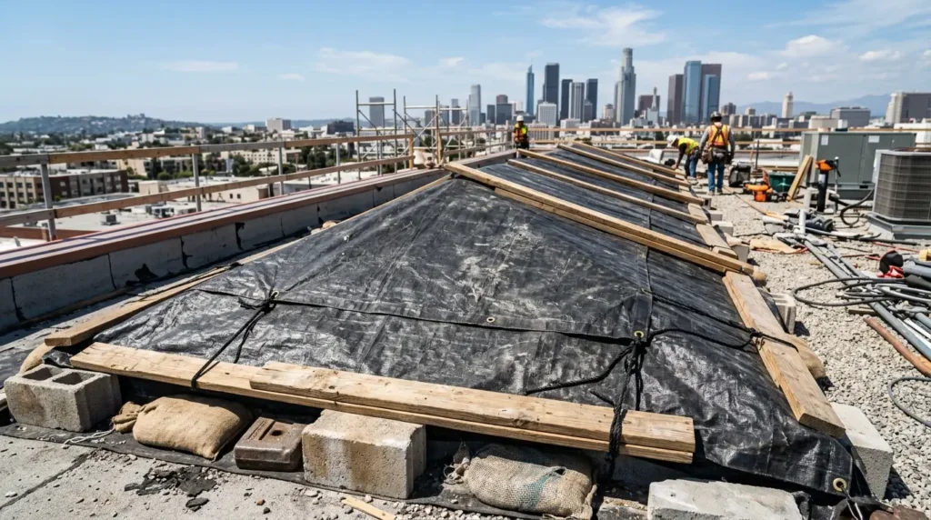 Black tarp on building roof