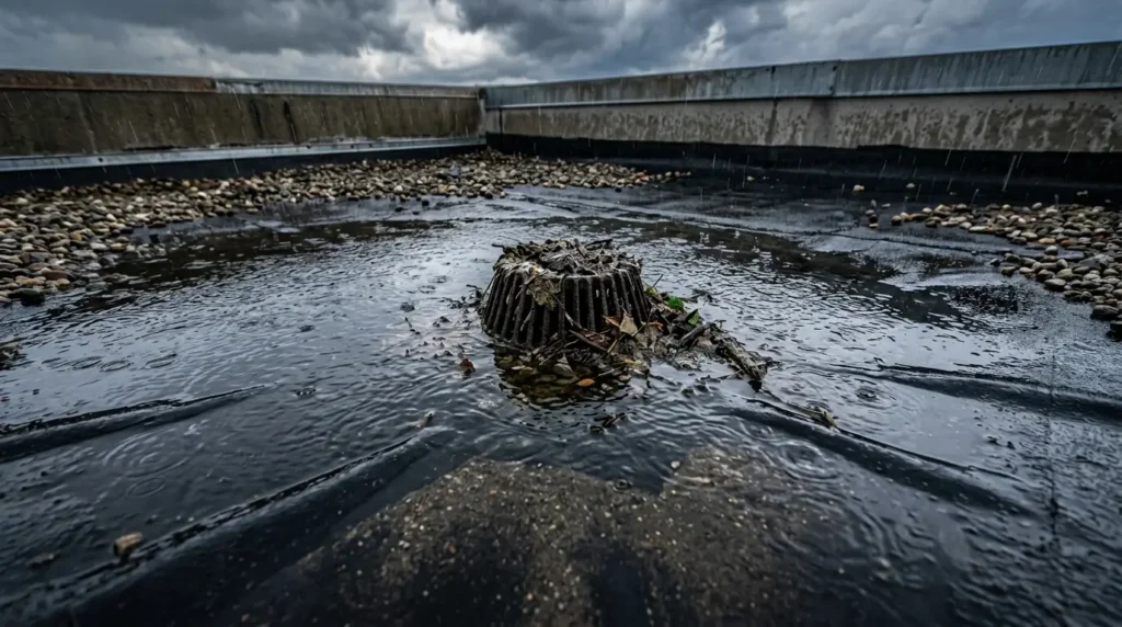 Blocked roof drain heavy storm