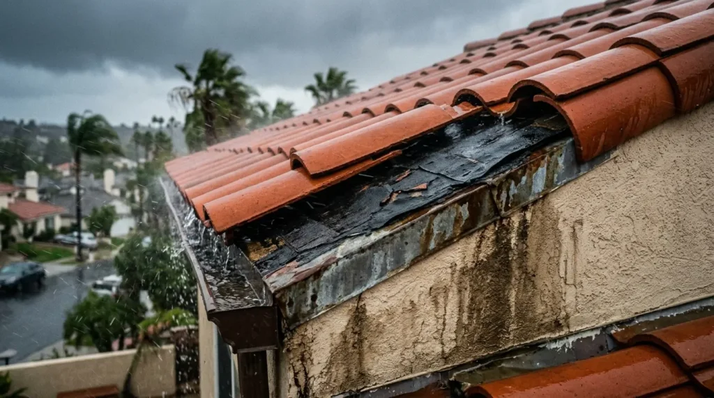 Clay tile roof in rain