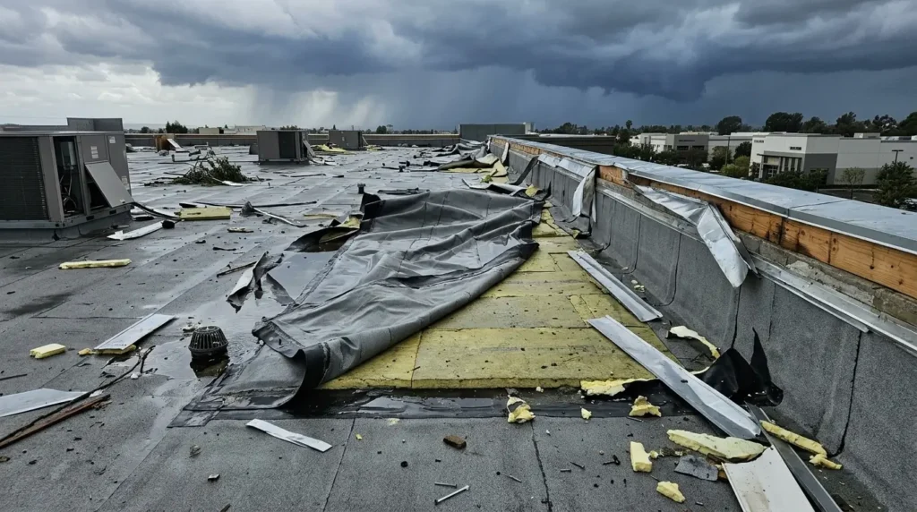 Damaged commercial roof after storm