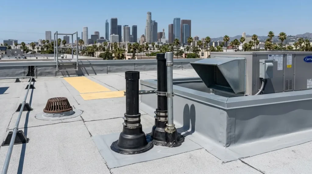 Detailed view of professional flashings and roof penetrations on a commercial industrial building in Los Angeles.