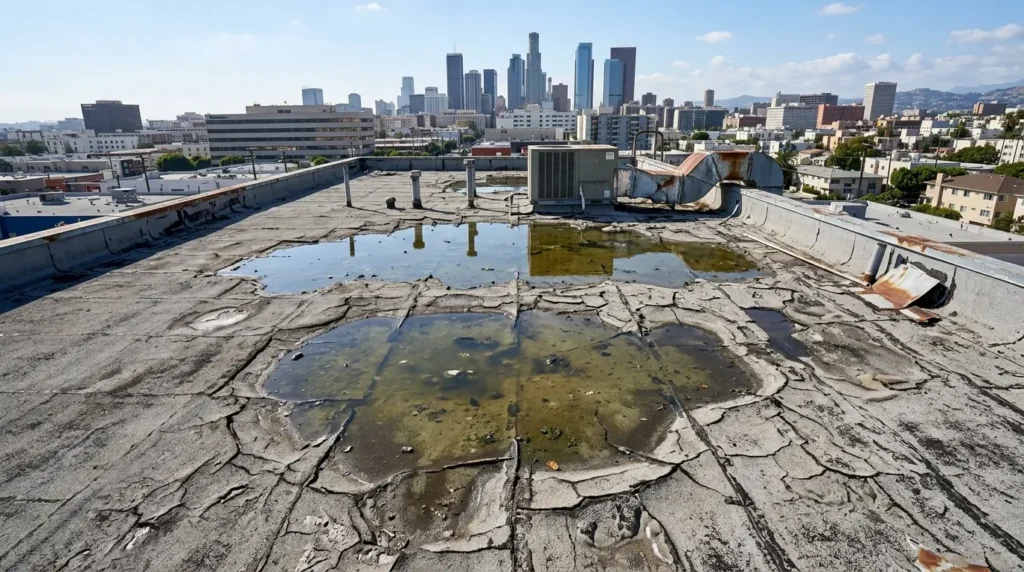Flat roof failure points Large puddles of ponding water on a weathered flat roof surface in Los Angeles