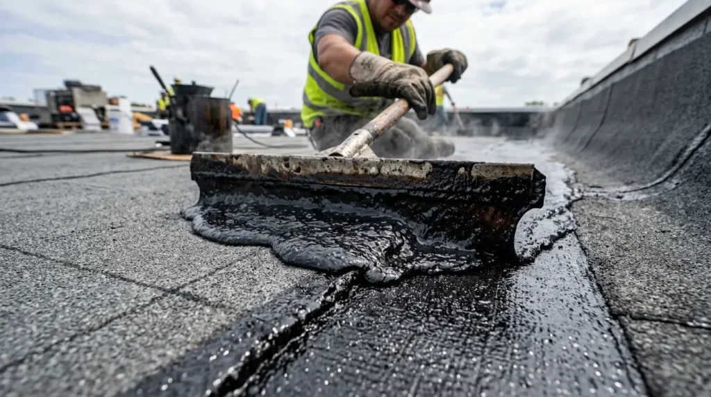 Hot asphalt roofing bitumen applied