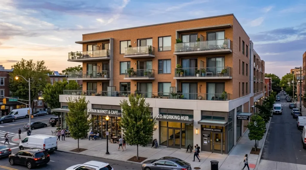 Mixed-use buildings.