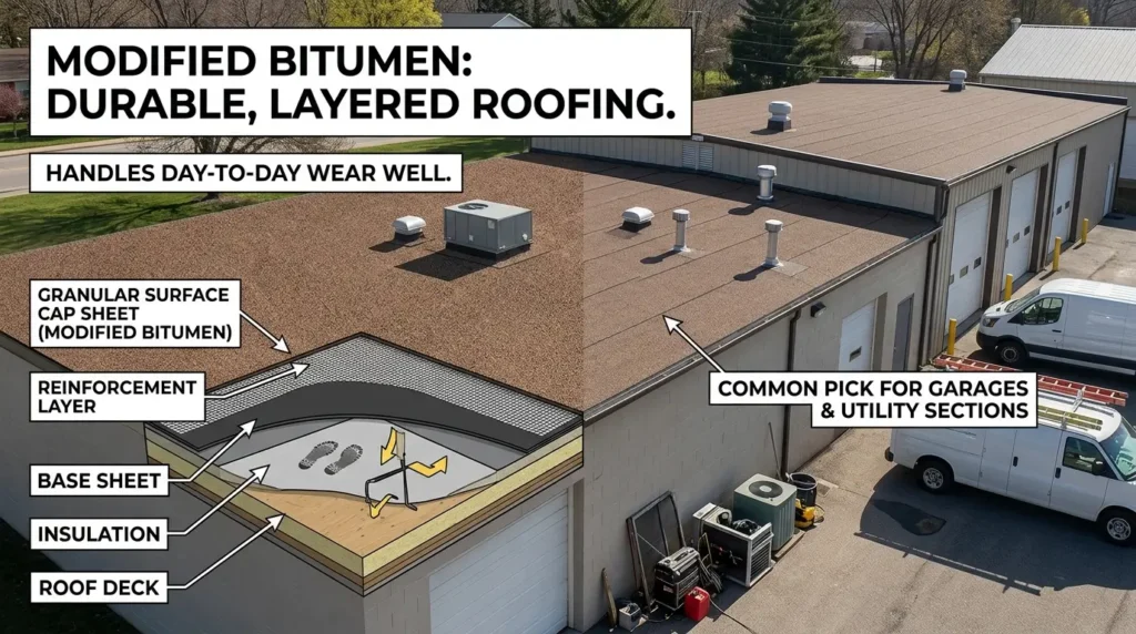 Modified bitumen is a durable, layered option that handles day-to-day wear well