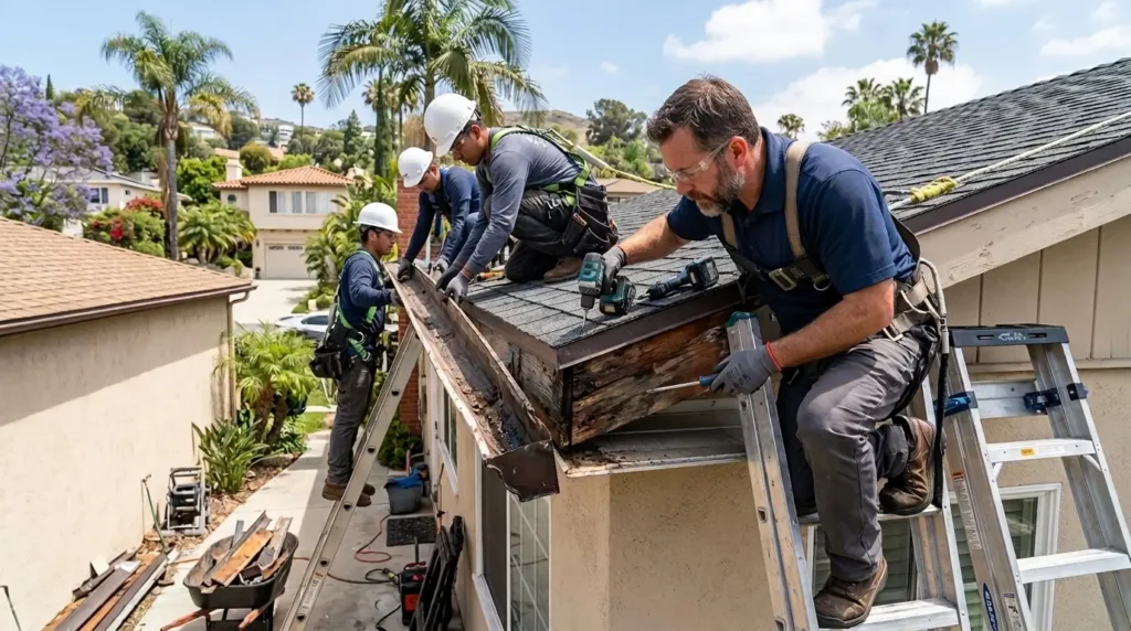 Professional roofers removing old gutters and carefully inspecting the fascia board and soffit for hidden water damage and rot.