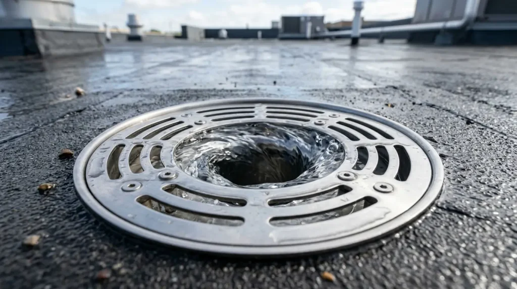 Roof drain with swirling water
