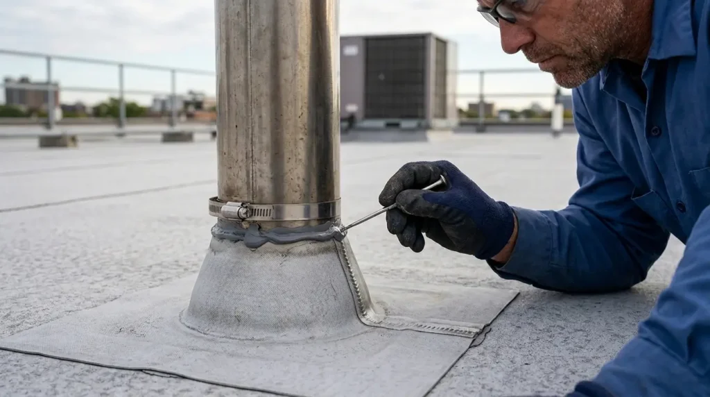 Roof inspector checking sealant