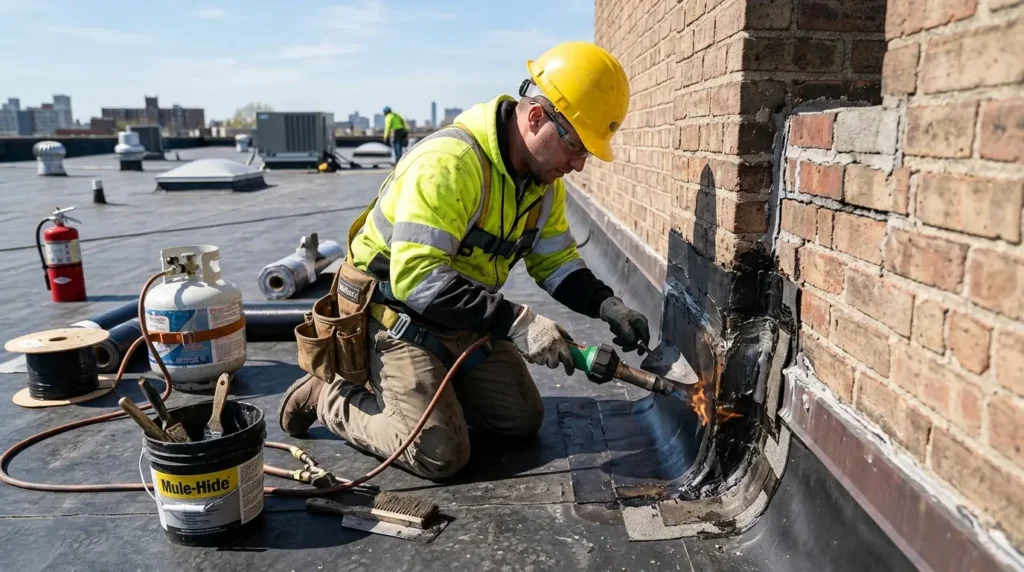 Roofer resealing flashing on roof
