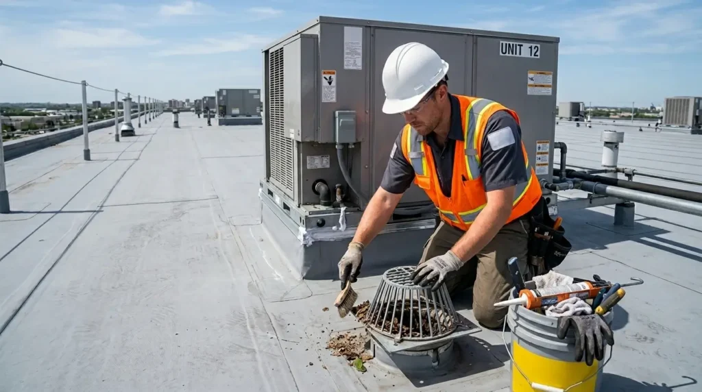 Roofers inspecting maintenance commercial
