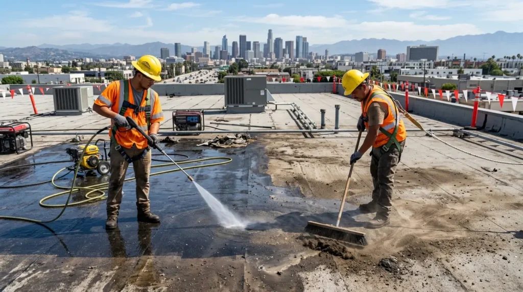Roofers preparing flat roof surface