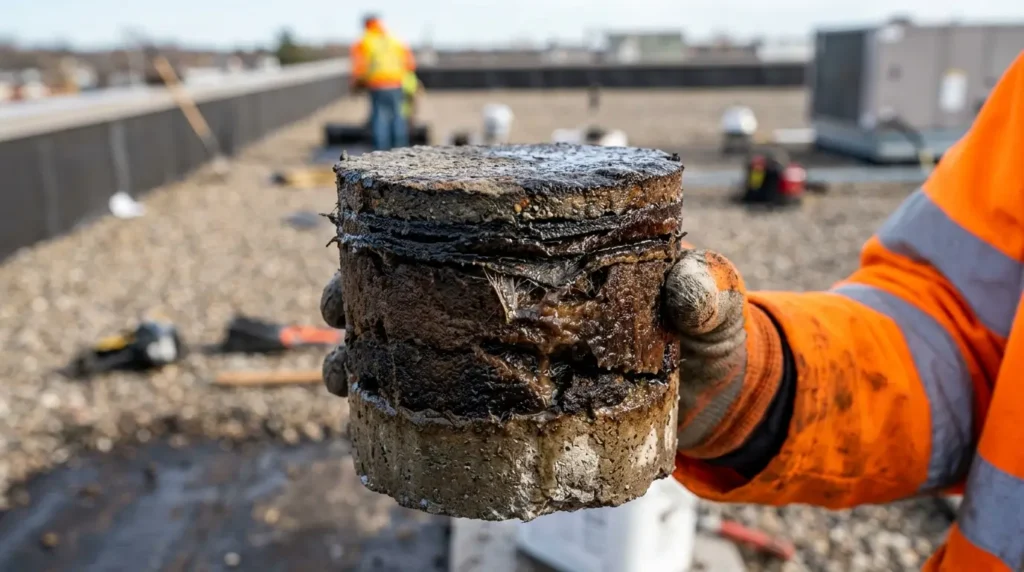 Roofing core sample showing layers