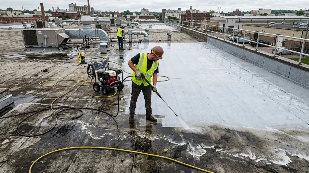 Roofing crew pressure washing roof