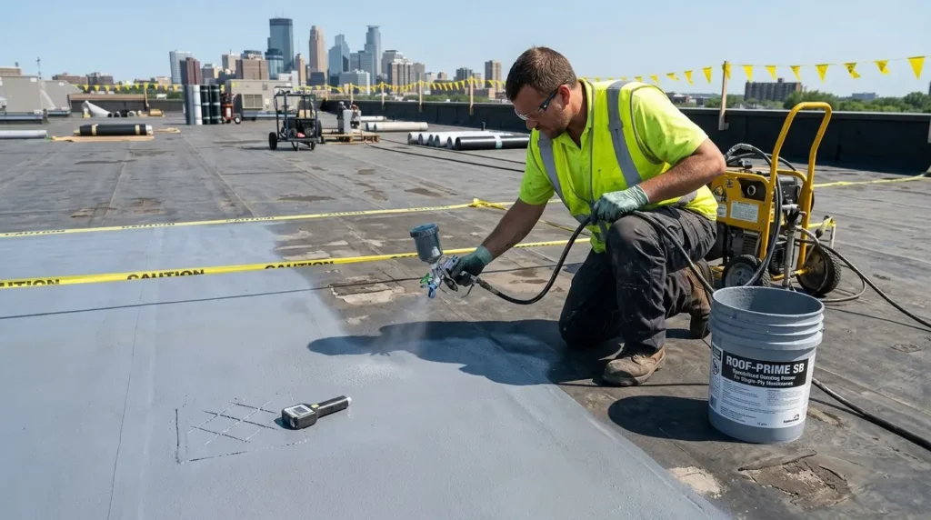 Roofing expert applying primer
