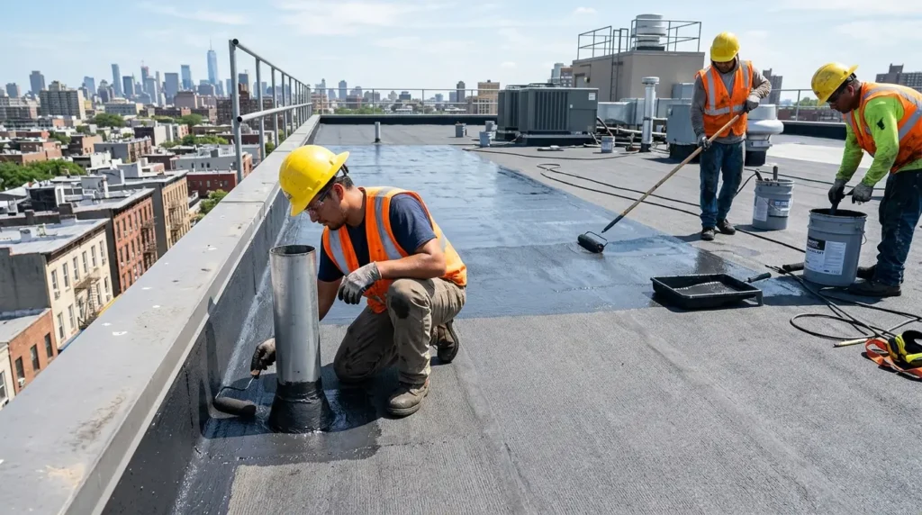 Roofing team applying waterproofing