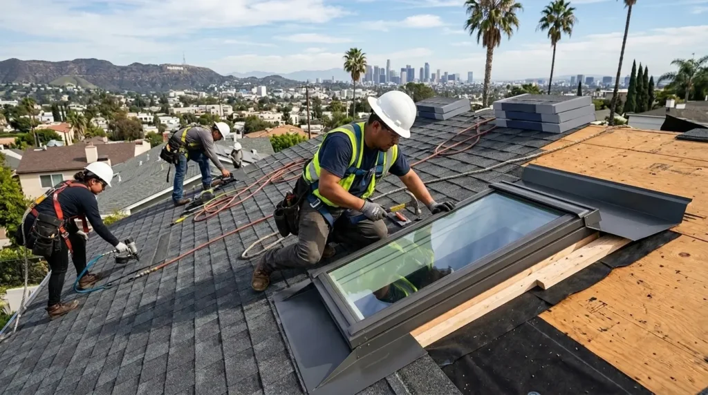 Roofing team installing skylight