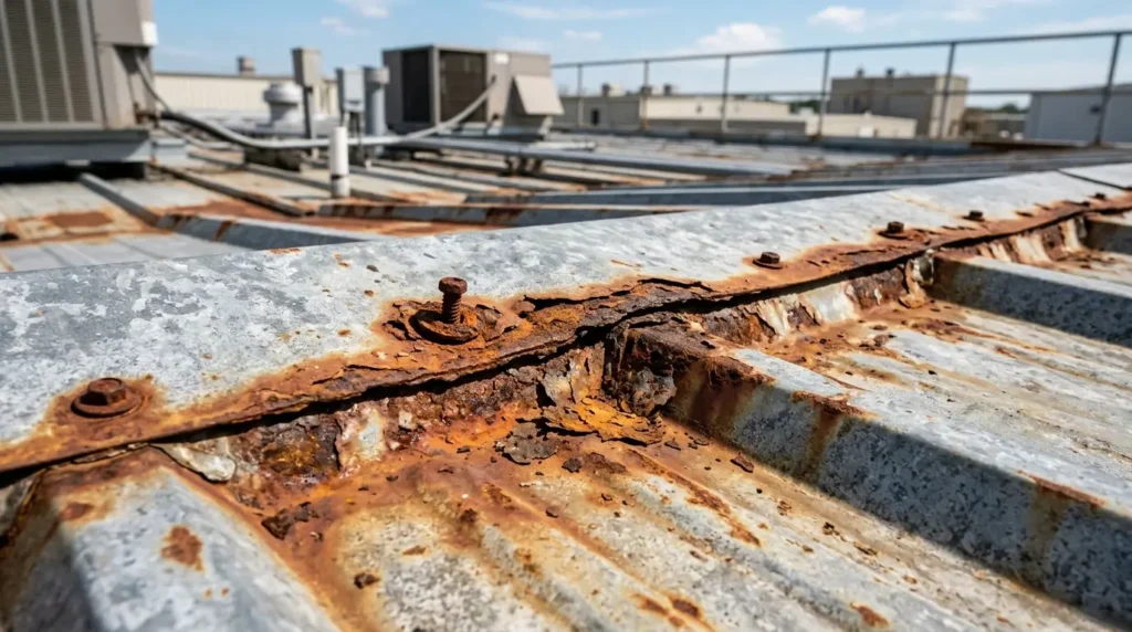 Rusted metal roof seams corrosion