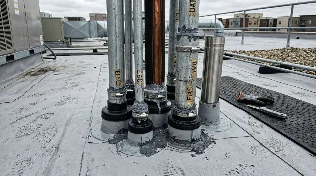 Technical view of conduit and pipe penetrations on a commercial roofing membrane