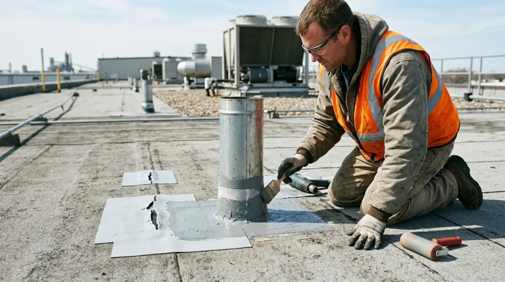 Worker fixing roof membrane