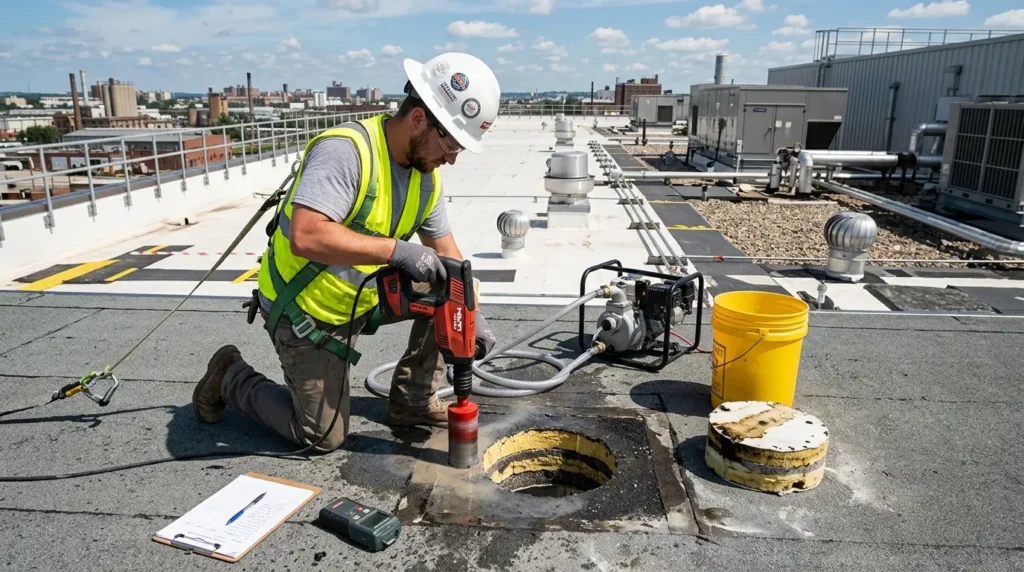 Worker taking roof sample