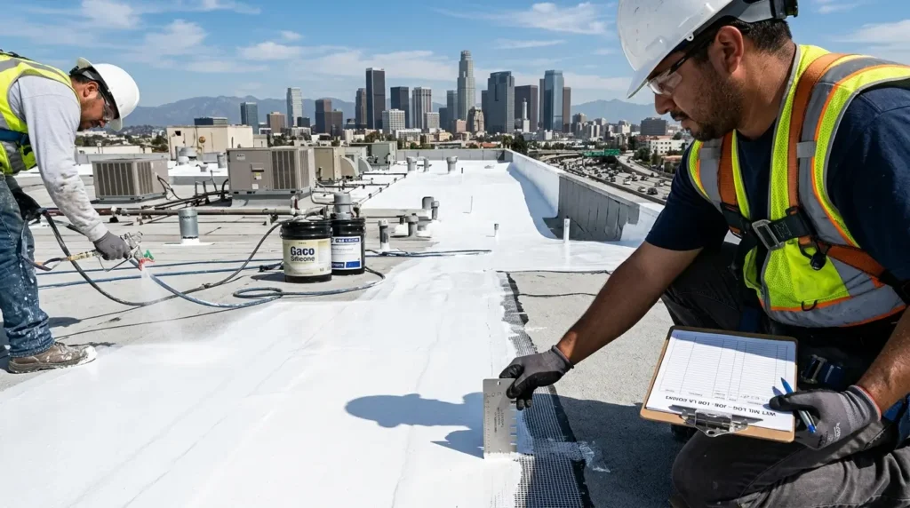 roofing crew spray-applying a bright white silicone roof coating to a large commercial flat roof in Los Angeles.